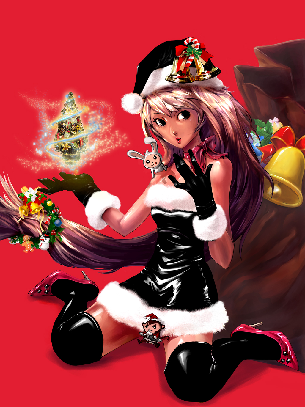 1girl absurdly_long_hair bell black_eyes black_gloves black_legwear blonde_hair christmas dark_skin dress gloves hat high_heels highres latex long_hair original red_background red_shoes sack santa_costume santa_fung santa_hat shoes sitting solo stiletto_heels strapless_dress very_long_hair wariza