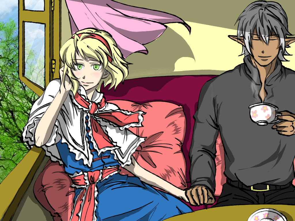 1boy 1girl alice_margatroid blonde_hair bow buront crossover dress final_fantasy final_fantasy_xi green_eyes hairband holding_hands maruman pointy_ears silver_hair smile the_iron_of_yin_and_yang touhou