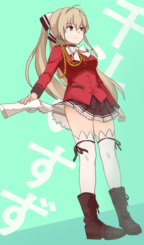 1girl ahoge amagi_brilliant_park boots bow brown_eyes brown_hair character_name cross-laced_footwear dutch_angle green_background gun hair_bow lace-up_boots long_hair musket pigeon-toed piza_rokumai pleated_skirt ponytail sento_isuzu skirt solo thigh-highs weapon white_legwear