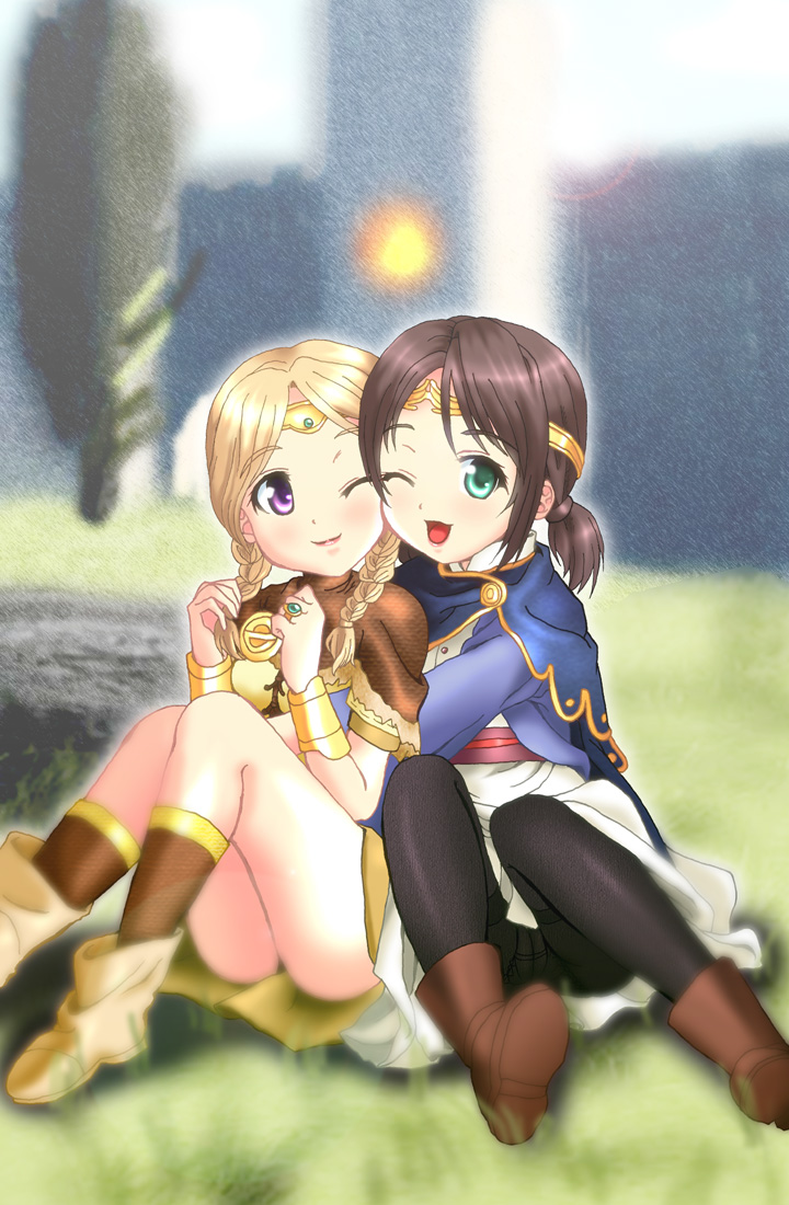 2girls ankle_boots aqua_eyes arisen_(dragon's_dogma) bangs blonde_hair boots brown_hair capelet dragon's_dogma low_twintails multiple_girls one_eye_closed pantyhose parted_bangs pawn_(dragon's_dogma) short_twintails smile twintails violet_eyes wyeth_yuu
