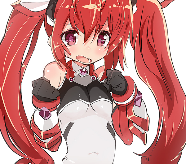 1girl :o clenched_hand elbow_gloves embarrassed flat_chest genderswap gloves gorirago long_hair ore_twintail_ni_narimasu red_eyes redhead solo tail_red twintails white_background