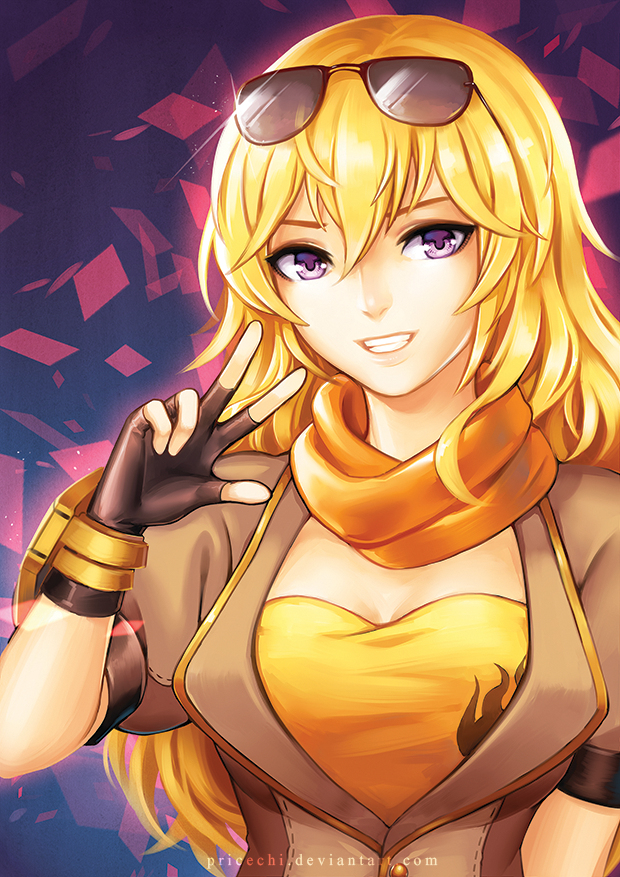 1girl blonde_hair breasts cleavage fingerless_gloves gloves jacket long_hair looking_at_viewer pricey rwby smile solo v yang_xiao_long