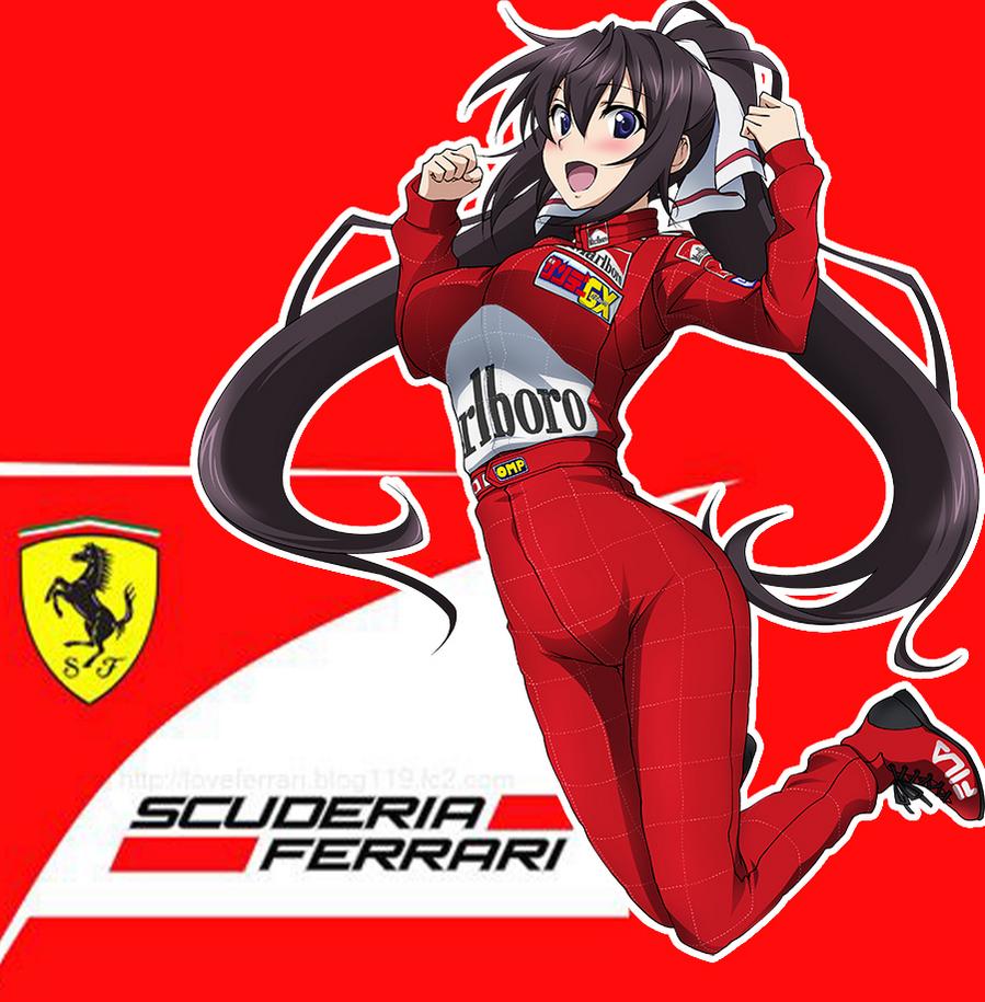 1girl black_hair blue_eyes blush breasts ferrari formula_one hair_ribbon infinite_stratos jumping long_hair marlboro michael_schumacher open_mouth ponytail racing_suit ribbon shinonono_houki solo yuuki_homura