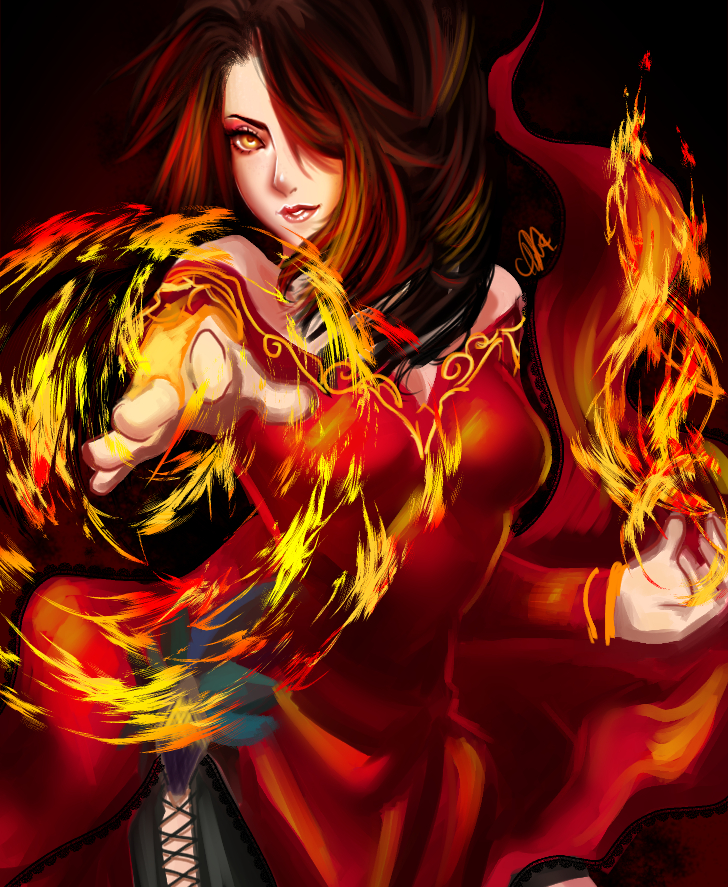 1girl breasts cinder_fall fire hair_over_one_eye kuroi long_hair rwby solo