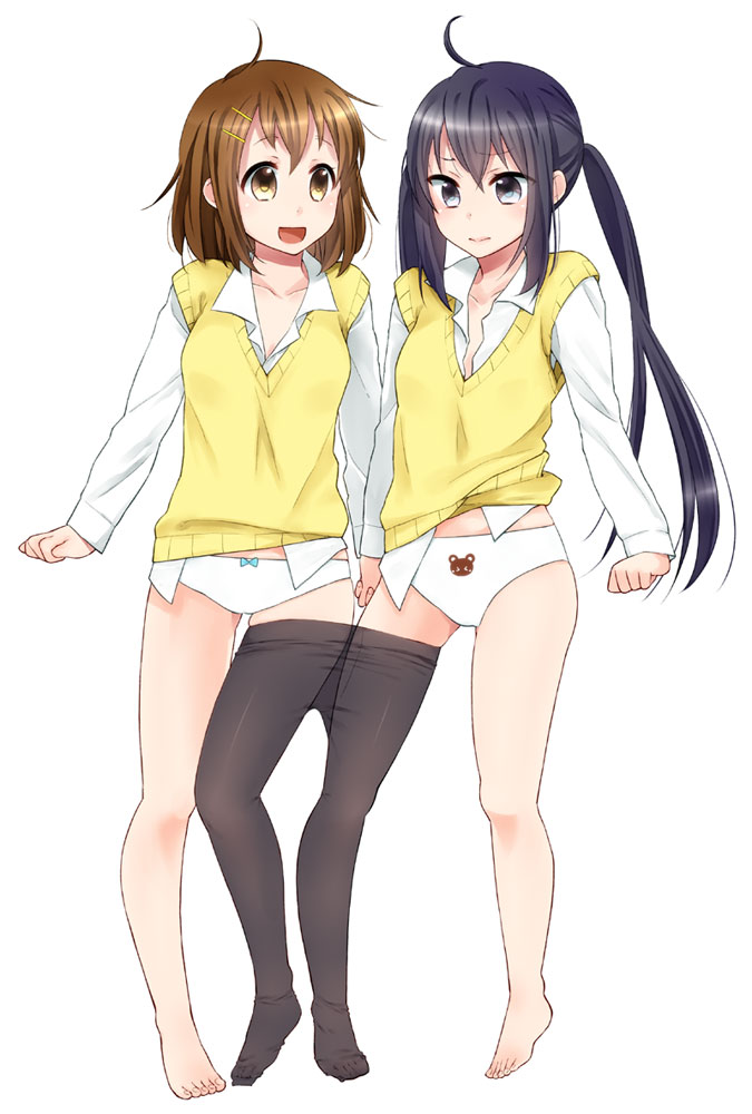 2girls black_eyes black_hair brown_eyes brown_hair hirasawa_yui k-on! long_hair multiple_girls nakano_azusa panties pantyhose shared_pantyhose short_hair sweater_vest twintails underwear yabusaka