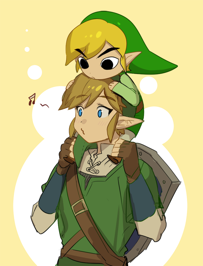 black_eyes blonde_hair blue_eyes carrying charcoalo dual_persona gloves hat link musical_note pointy_ears shield shoulder_carry skyward_sword the_legend_of_zelda toon_link whistling wind_waker