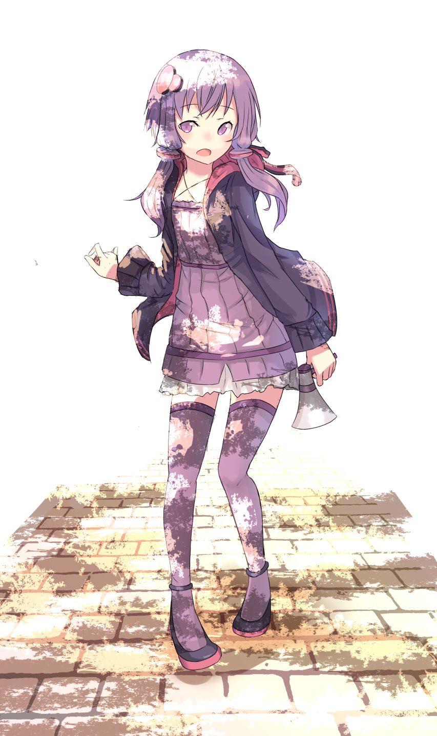 1girl :o ahoge animal_ears animal_hood blush brick_floor bunny_hood cjl6y5r coat dress frilled_dress frills hair_ornament hand_on_own_chest highres hood hood_down looking_at_viewer low_twintails megaphone open_clothes open_coat open_mouth purple_dress purple_hair rabbit_ears ribbed_dress ribbed_sweater simple_background solo sweater thigh-highs twintails vocaloid white_background yuzuki_yukari zettai_ryouiki