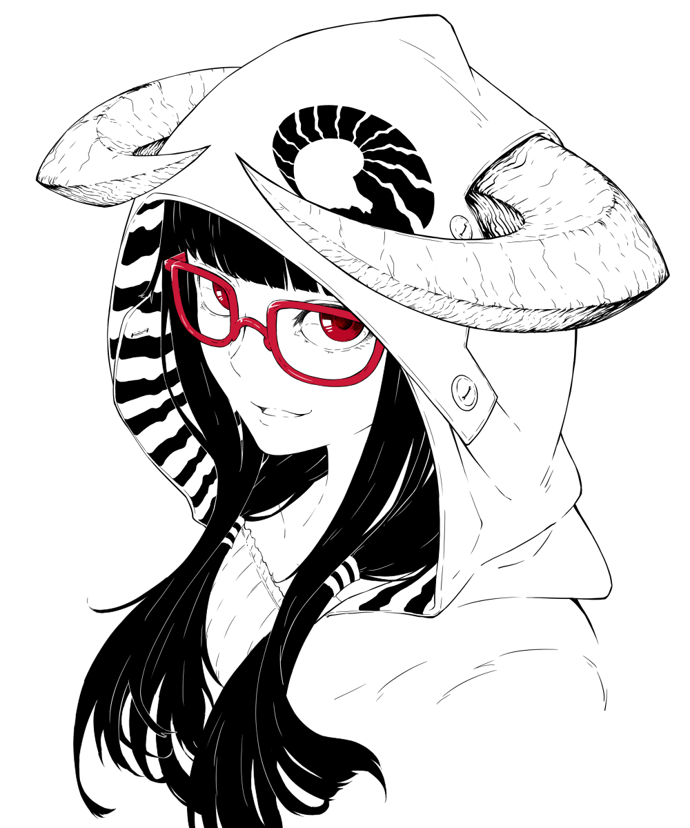 1girl bust highres hoodie horns jaco long_hair looking_at_viewer monochrome original red_eyes red_glasses simple_background smile solo spot_color white_background