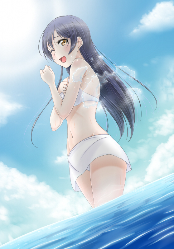 1girl blue_hair long_hair looking_at_viewer love_live!_school_idol_project navel one_eye_closed open_mouth roaru_(gyuren) sky solo sonoda_umi swimsuit tagme water yellow_eyes
