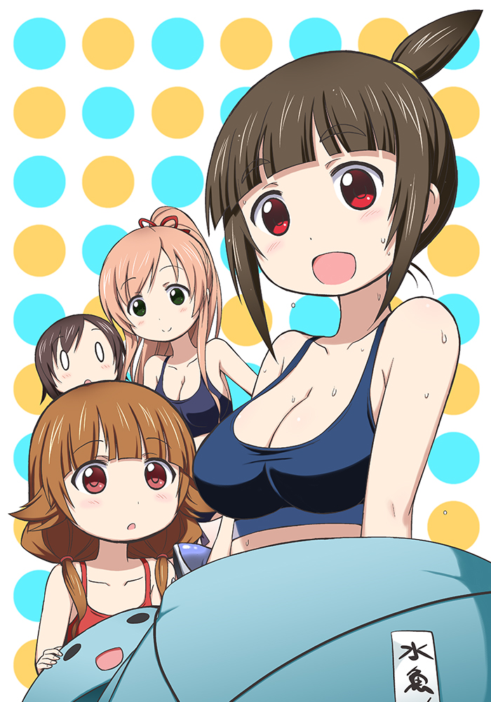 0_0 4girls black_hair breasts brown_hair cleavage costume dripping futsuu_no_joshikousei_ga_locodol_yattemita green_eyes kohinata_yukari mikoze_yui multiple_girls nazukari_mirai red_eyes sports_bra sweat sweating uogokoro-kun usami_nanako yuuki_shin'ichi