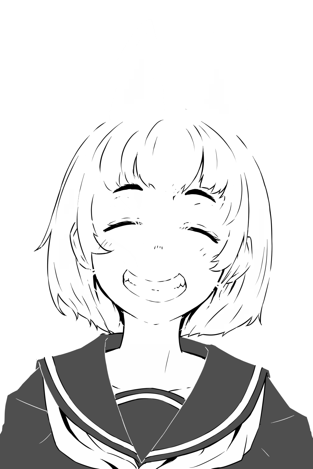 1girl bust closed_eyes facing_viewer grin highres jaco monochrome original school_uniform serafuku short_hair simple_background smile solo white_background