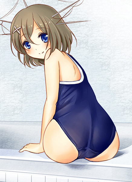 1girl alternate_costume ass blue_eyes blush brown_hair from_behind headgear kantai_collection looking_at_viewer maya_(kantai_collection) nikoo one-piece_swimsuit short_hair sitting solo swimsuit