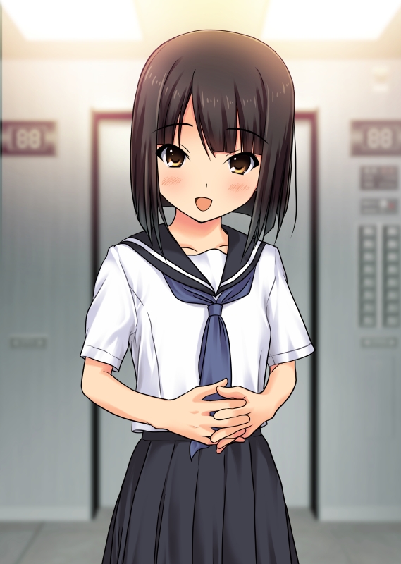 1girl black_hair brown_eyes original ryunnu school_uniform serafuku short_hair solo