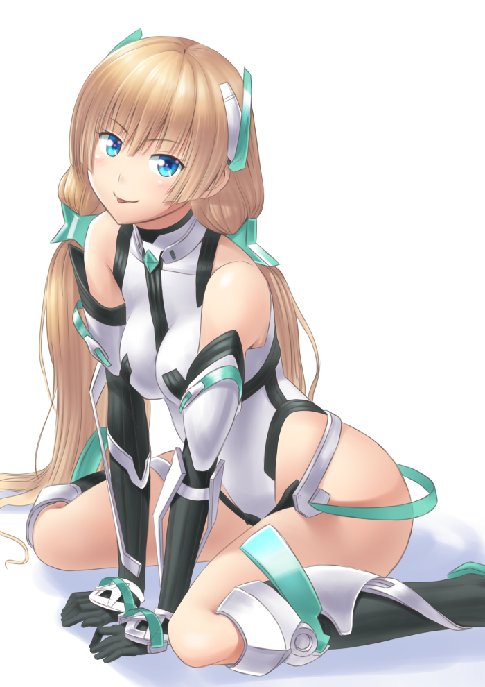 1girl :p angela_balzac arm_support bare_shoulders between_legs black_gloves blonde_hair blue_eyes blush boots breasts elbow_gloves ese_shinshi expelled_from_paradise gloves hand_between_legs highleg highleg_leotard leotard long_hair looking_at_viewer low_twintails sitting smile solo tongue tongue_out twintails v_arms very_long_hair wariza