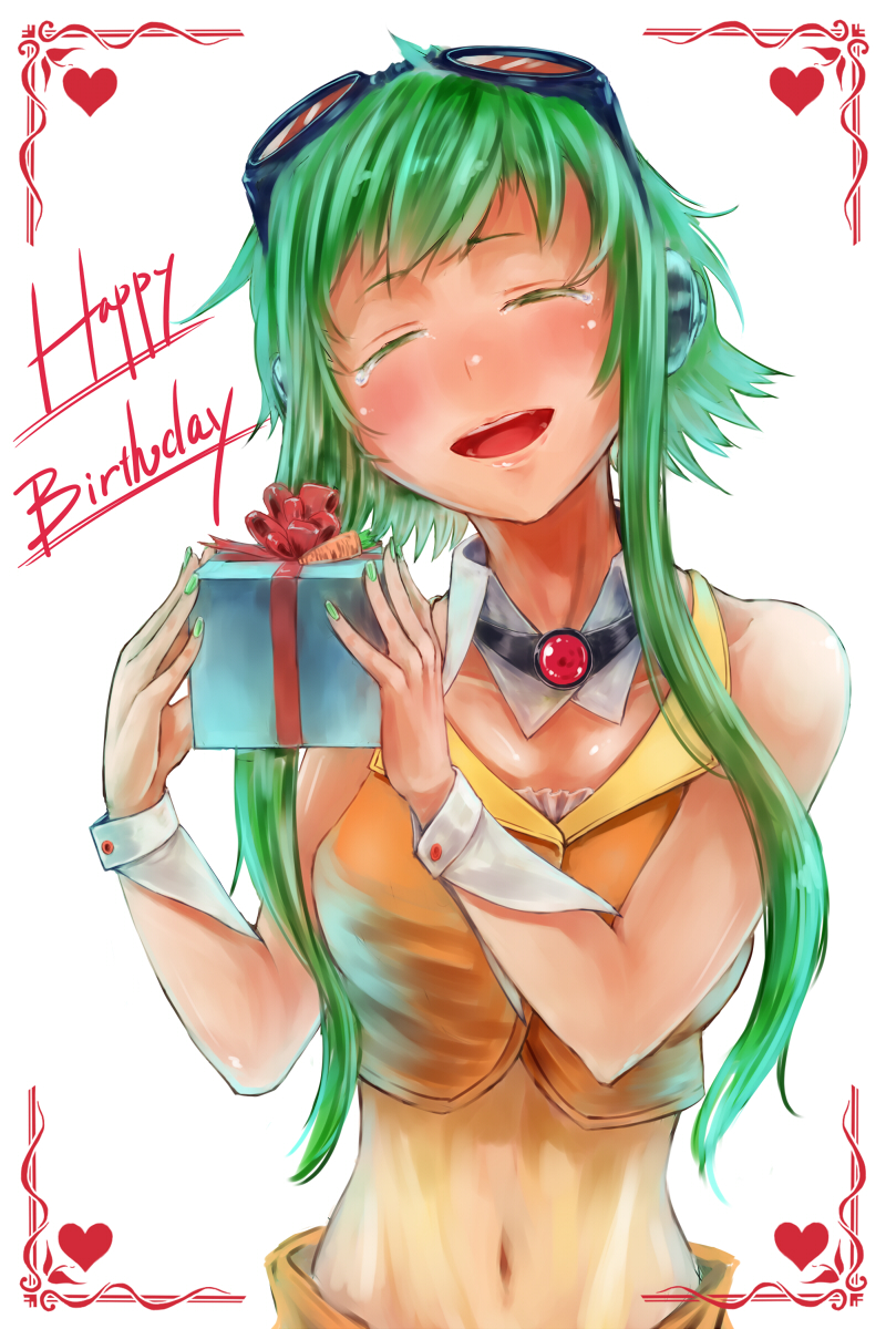 1girl blush closed_eyes gift goggles goggles_on_head green_hair gumi happy_birthday heart highres jaco open_mouth simple_background smile solo tears vocaloid white_background