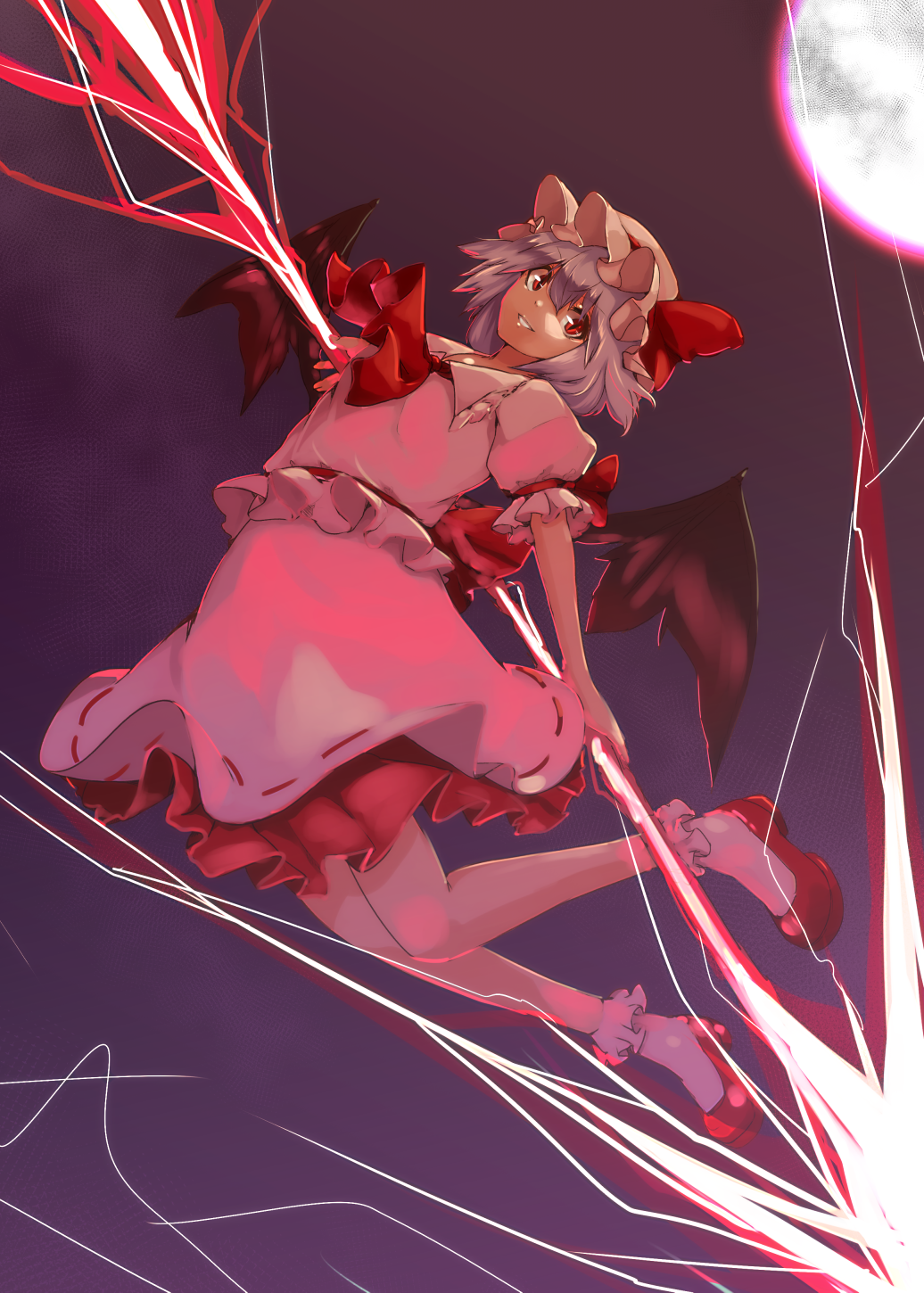 1girl awa_(3anco00) bat_wings behind_back blue_hair bow energy flying frilled_legwear frilled_skirt frills full_moon hat hat_bow highres holding_weapon knees legs looking_at_viewer mob_cap moon night pink_shirt pink_skirt puffy_short_sleeves puffy_sleeves red_eyes remilia_scarlet ribbon_trim shoes short_sleeves skirt smile socks solo spear_the_gungnir touhou wings