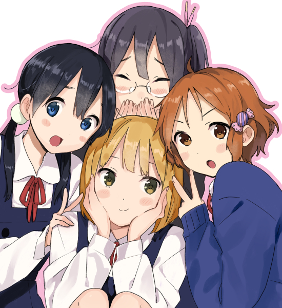 4girls :d asagiri_shiori bangs black_hair blonde_hair blue_eyes blush_stickers brown_eyes brown_hair cardigan closed_eyes covering_mouth dot_nose girl_sandwich glasses green_eyes hair_ornament hair_stick hand_on_another's_shoulder hand_over_own_mouth hands_on_own_cheeks hands_on_own_face kitashirakawa_tamako long_hair long_sleeves looking_at_viewer low_twintails makino_kanna momose_(oqo) multiple_girls open_mouth outline sandwiched school_uniform short_hair side_ponytail simple_background sleeves_past_wrists smile tamako_market tokiwa_midori twintails v white_background
