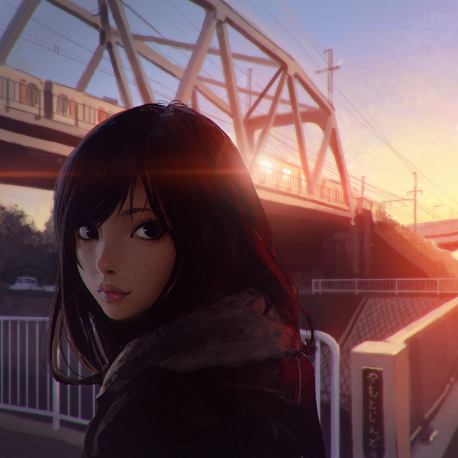 1girl black_eyes black_hair bridge building city clouds ilya_kuvshinov lens_flare lips long_hair looking_at_viewer original power_lines railing scarf sky solo sun_glare sunset train vehicle