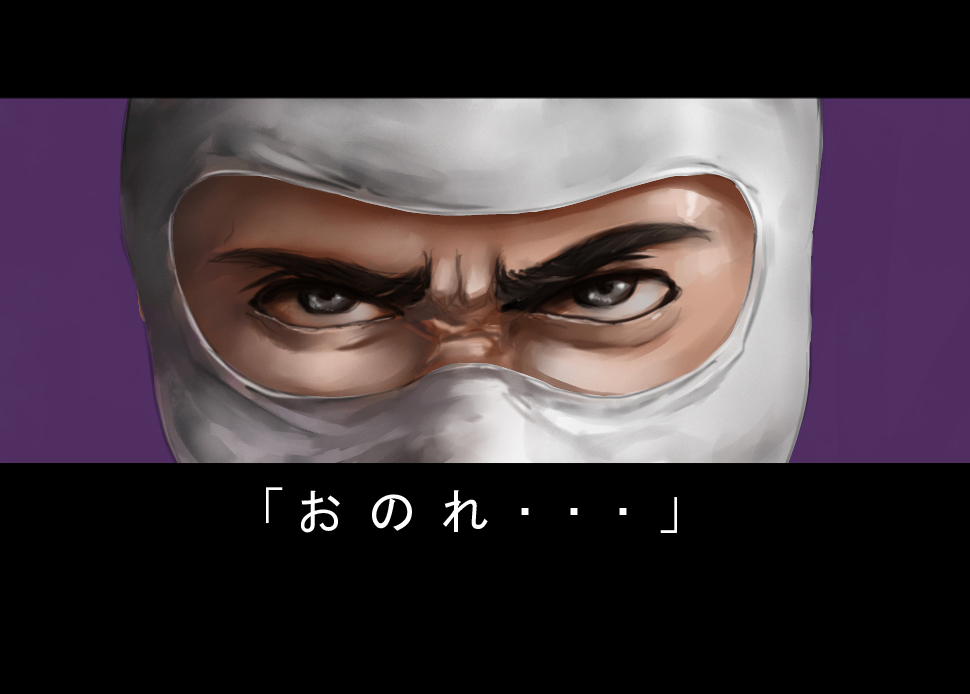 1boy bomberman bomberman_(character) letterboxed looking_at_viewer ninja_gaiden okai parody solo translation_request