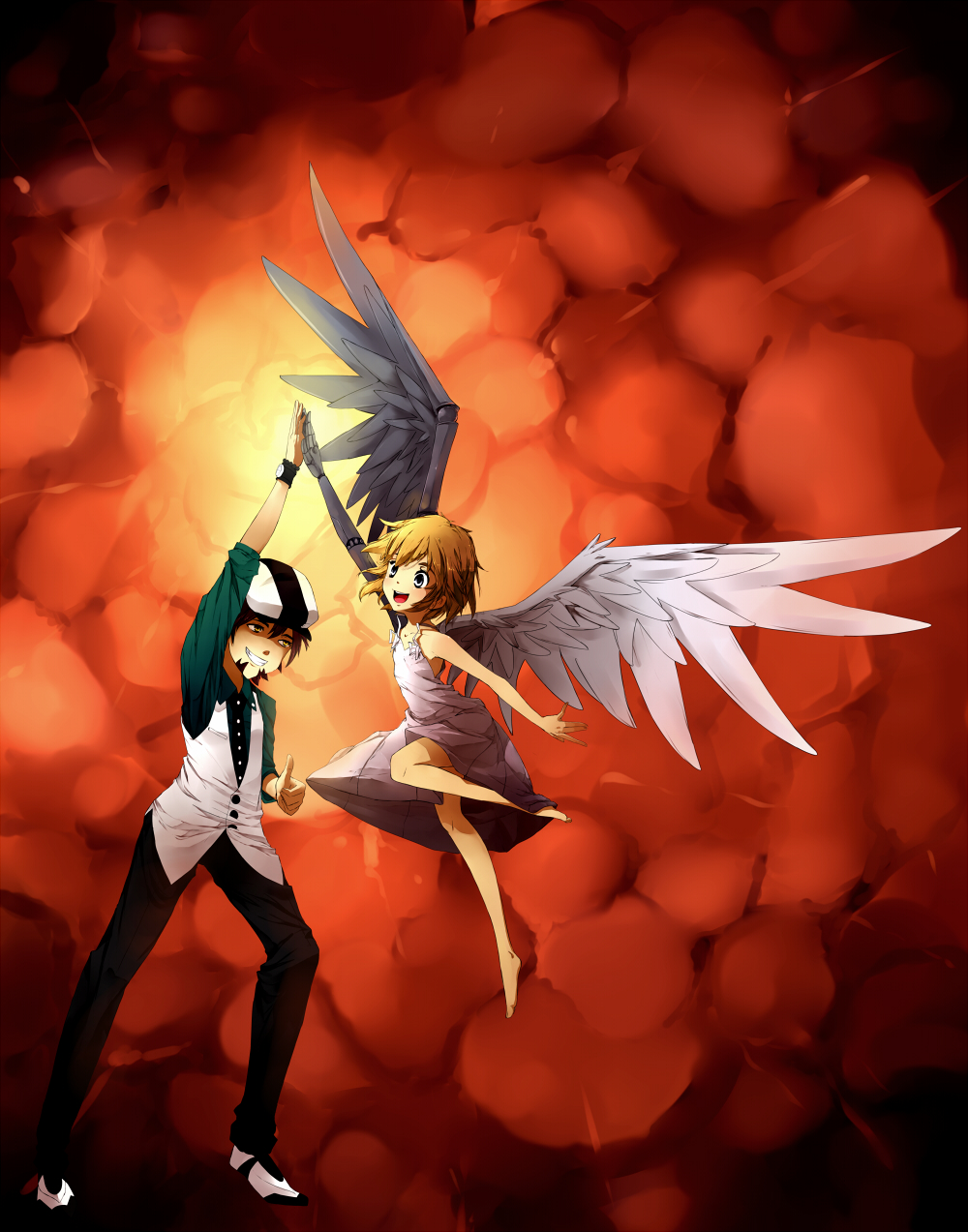 1boy 1girl :d angel angel_wings asymmetrical_wings barefoot black_hair blonde_hair blue_eyes borrowed_character cassie_(acerailgun) cyborg dress explosion facial_hair feathered_wings feathers fuyuki_yuki grin high_five highres kaburagi_t_kotetsu mechanical_arm mechanical_wings open_mouth original smile thumbs_up tiger_&amp;_bunny vest watch watch wings yellow_eyes