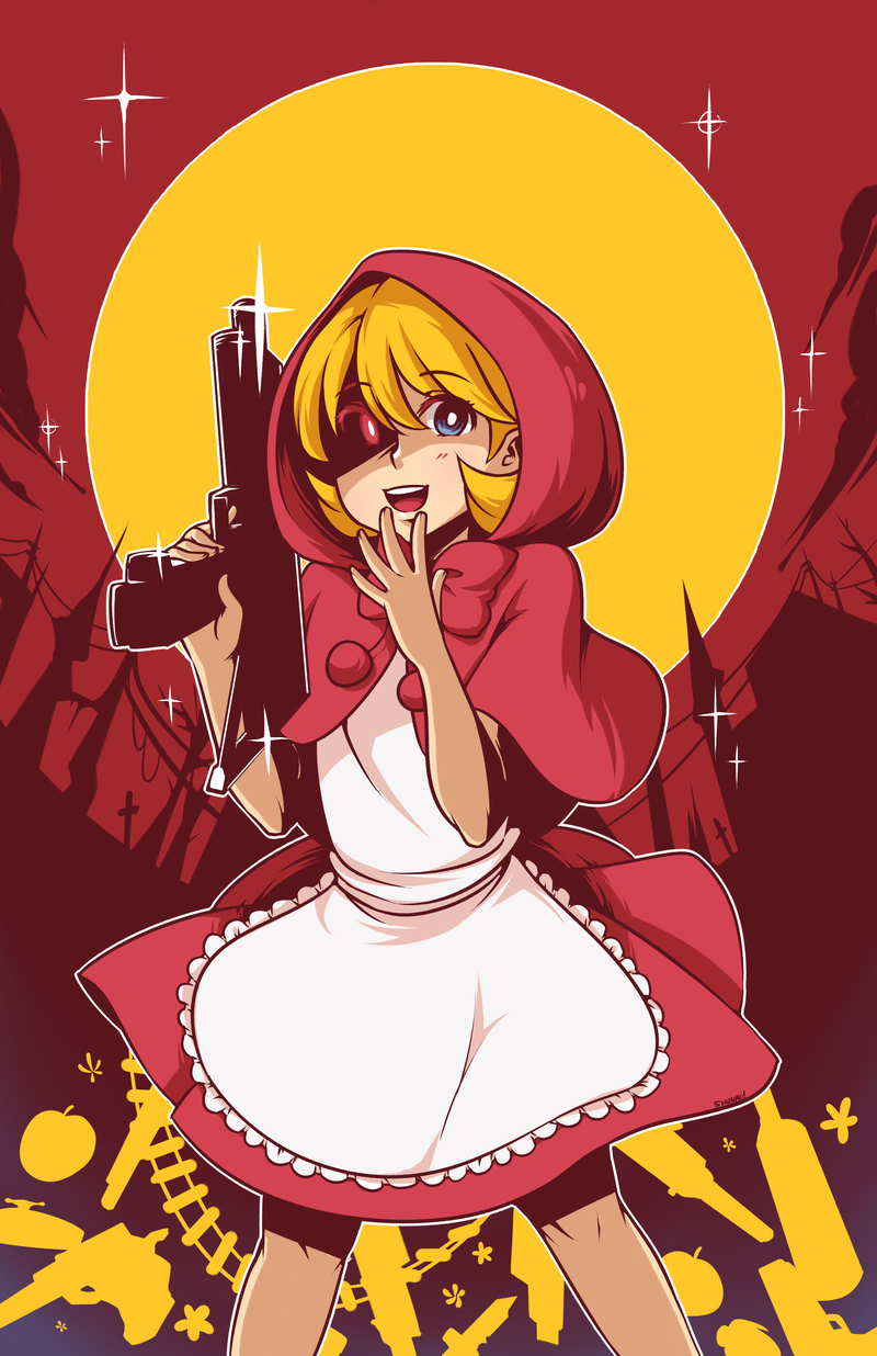 1girl apron blonde_hair blue_eyes bulleta capelet dress flat_chest flipped_hair full_moon glowing glowing_eye gun hand_to_own_mouth heterochromia highres lyn_(shunao) moon open_mouth red_dress red_eyes red_hood short_hair solo submachine_gun vampire_(game) waist_apron weapon