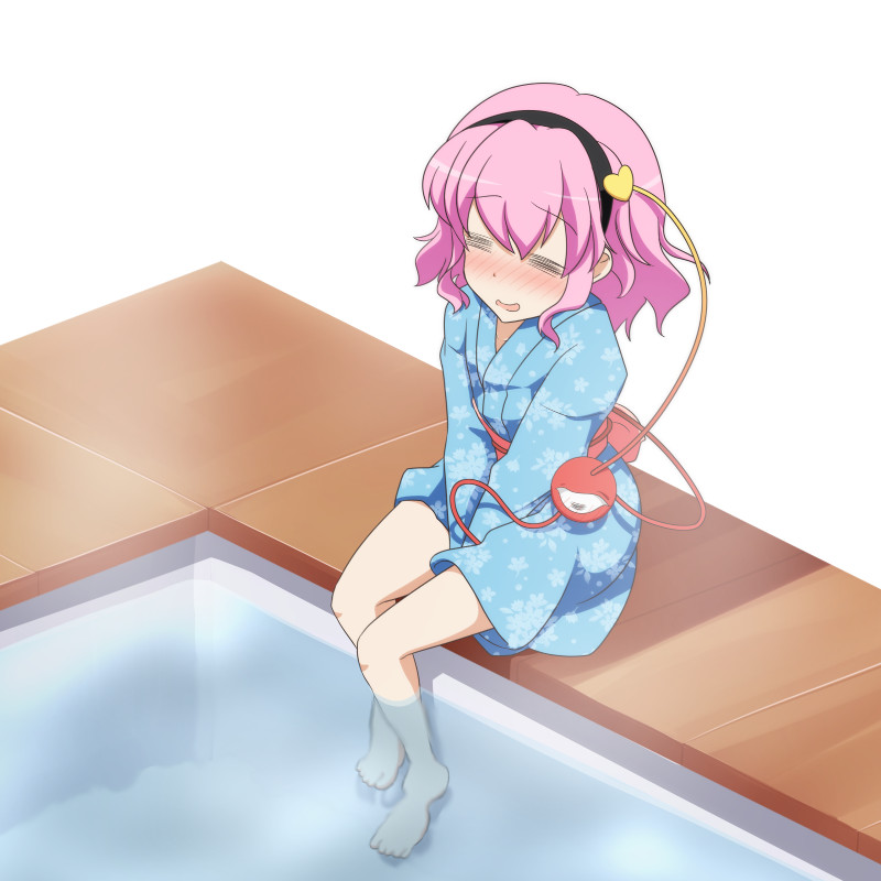 1girl :d =_= barefoot blush cato_(monocatienus) hairband heart japanese_clothes kimono komeiji_satori legs obi open_mouth partially_submerged pink_hair pool poolside refraction robe sash smile solo third_eye touhou