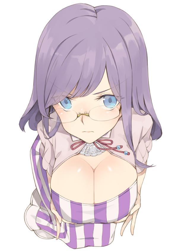 1girl blue_eyes breast_squeeze breasts cleavage_cutout glasses hayashi_kewi large_breasts long_hair looking_at_viewer original patchouli_knowledge patchouli_knowledge_(cosplay) purple_hair rimless_glasses shawl simple_background solo touhou vertical-striped_dress white_background