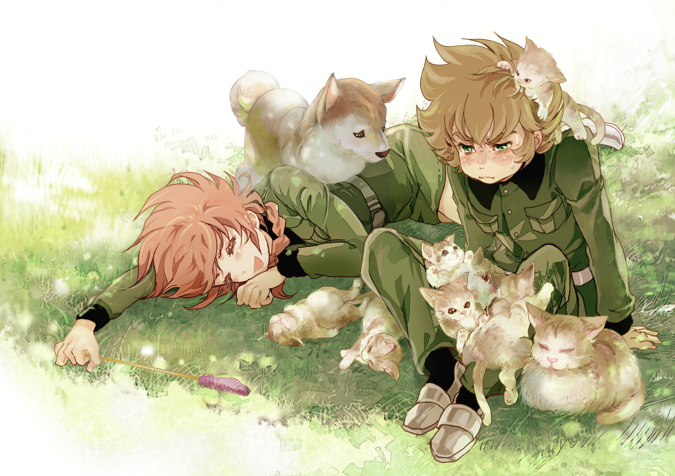 1boy 1girl b't_x braid brown_hair cat closed_eyes dog green_eyes isi88 karen_(b't_x) long_hair metalface_(b't_x) pink_hair short_hair smile younger