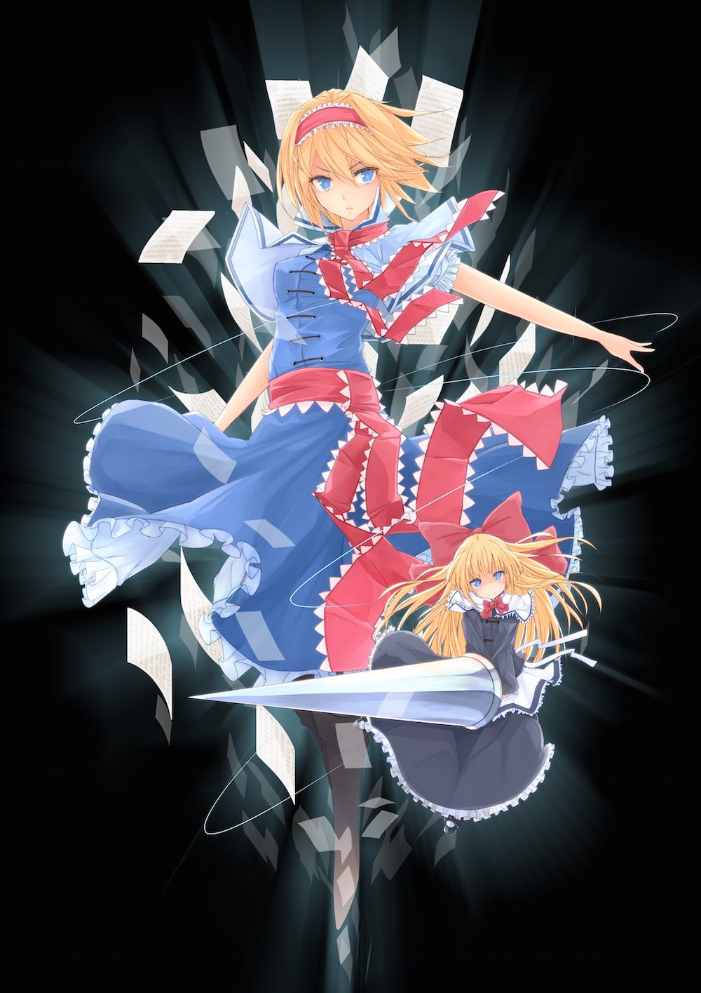 1girl alice_margatroid black_background blonde_hair blue_eyes bow capelet doll hair_bow hairband highres lance lolita_hairband looking_at_viewer maru-pen paper polearm puppet_strings shanghai_doll short_hair string touhou weapon