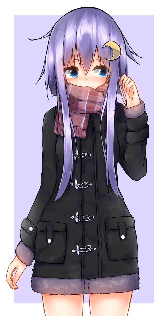 1girl blue_eyes blush coat crescent_hair_ornament frame hair_ornament hair_twirling highres kantai_collection long_hair long_sleeves mizushina_minato outside_border purple_hair scarf scarf_over_mouth solo standing winter_clothes winter_coat yayoi_(kantai_collection)