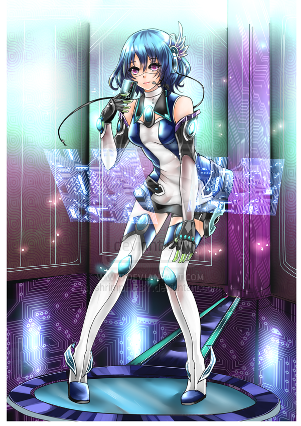 1girl 3rd_party_watermark alpha_(acerailgun) bare_shoulders blue_hair boots borrowed_character breasts elbow_gloves full_body gloves headset holographic_interface original pink_eyes robot_girl shrimp_hebu solo thigh-highs thigh_boots white_border