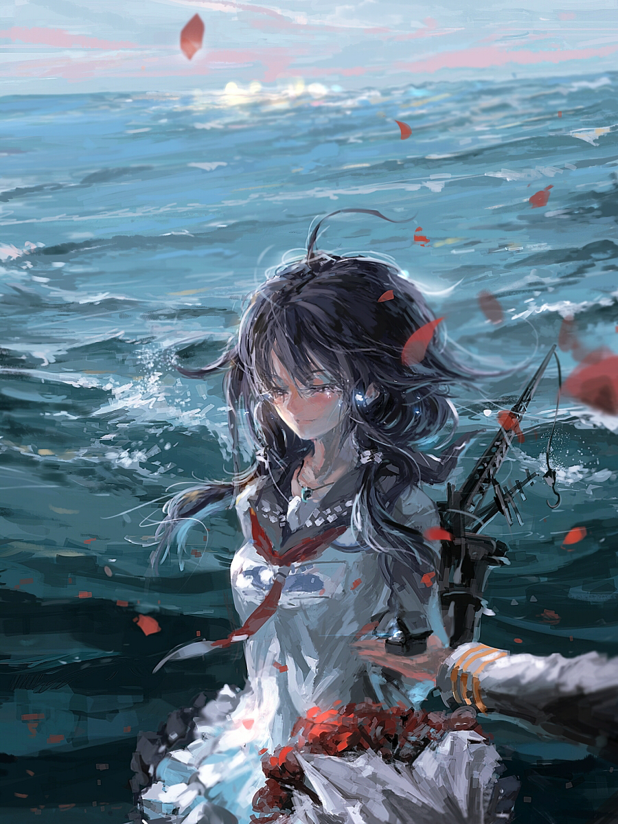 1girl admiral_(kantai_collection) ahoge bouquet bust closed_eyes clouds cloudy_sky eyelashes facing_viewer flower giving highres jewelry kantai_collection long_hair machinery messy_hair neckerchief necklace ocean outdoors petals purple_hair ring rose_petals sailor_collar school_uniform serafuku sky smile solo_focus stu_dts taigei_(kantai_collection) tears twintails waves wedding_ring whale