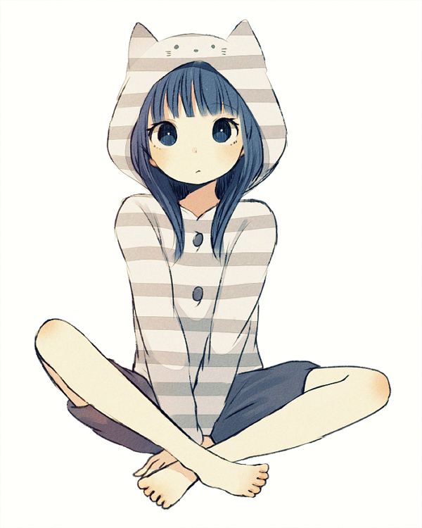 animal_hood ayu_(mog) blue_eyes blue_hair cat_hood hood indian_style long_hair looking_at_viewer simple_background sitting solo striped white_background