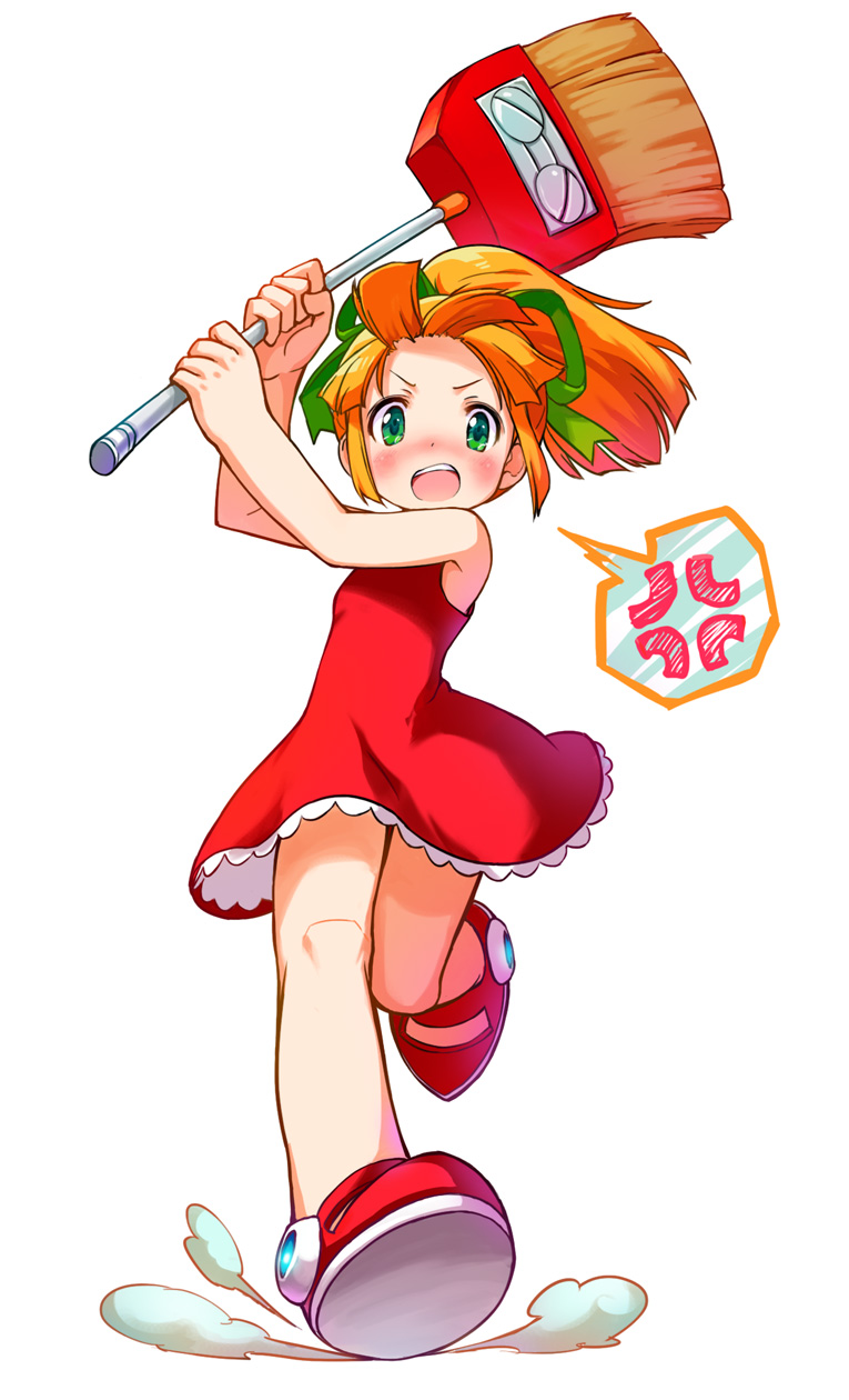 1girl anger_vein blush broom chasing dress ecocobo emoticon green_eyes hair_ribbon highres long_hair looking_at_viewer mary_janes no_socks open_mouth payot ponytail red_dress ribbon rockman rockman_(classic) roll running shoes solo