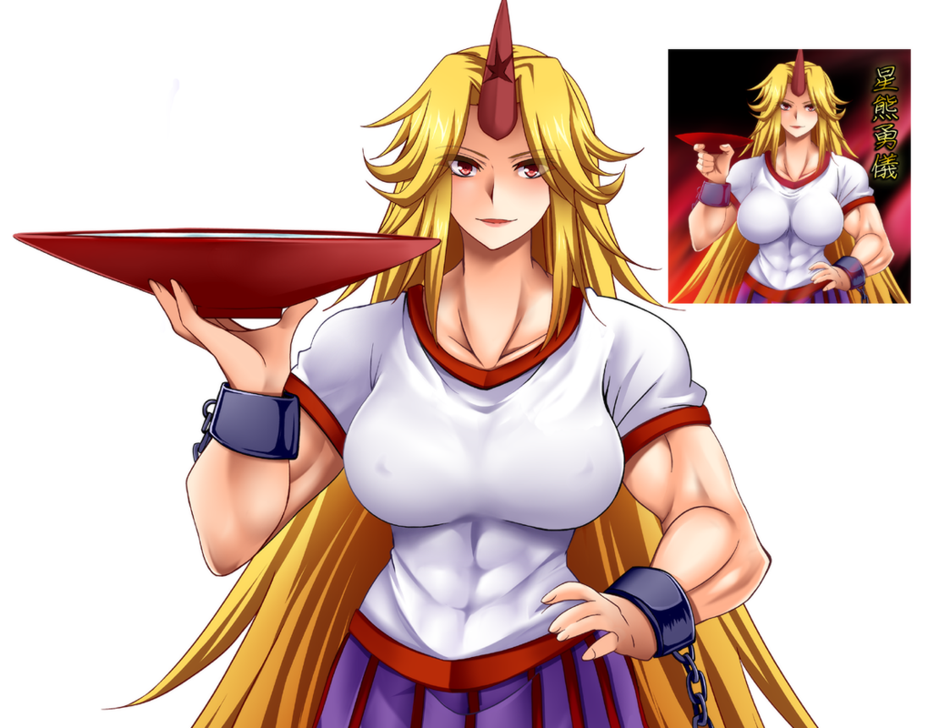 1girl abs blonde_hair breasts eyes_visible_through_hair hand_on_hip horn hoshiguma_yuugi impossible_clothes large_breasts long_hair muscle red_eyes sakazuki solo touhou white_background yagami_(mukage)