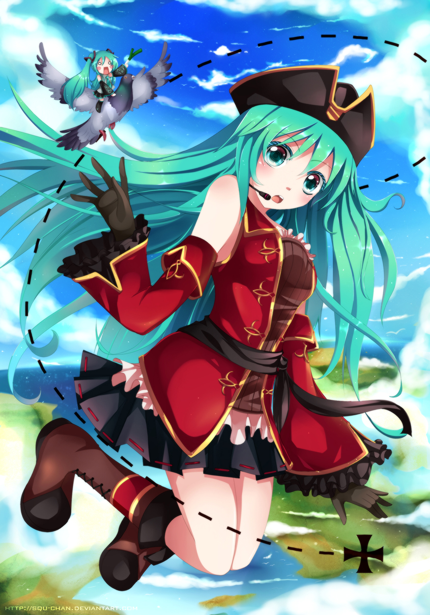 1girl animal aqua_eyes aqua_hair bird blank_eyes boots breasts chibi clouds cloudy_sky detached_sleeves dual_persona flying full_body gloves hachune_miku hat hato_(vocaloid) hatsune_miku headset highres horizon long_hair minigirl ocean open_mouth pigeon pirate pirate_hat project_diva project_diva_2nd riding sash skirt sky spring_onion squadra twintails very_long_hair vocaloid watermark web_address wide_sleeves