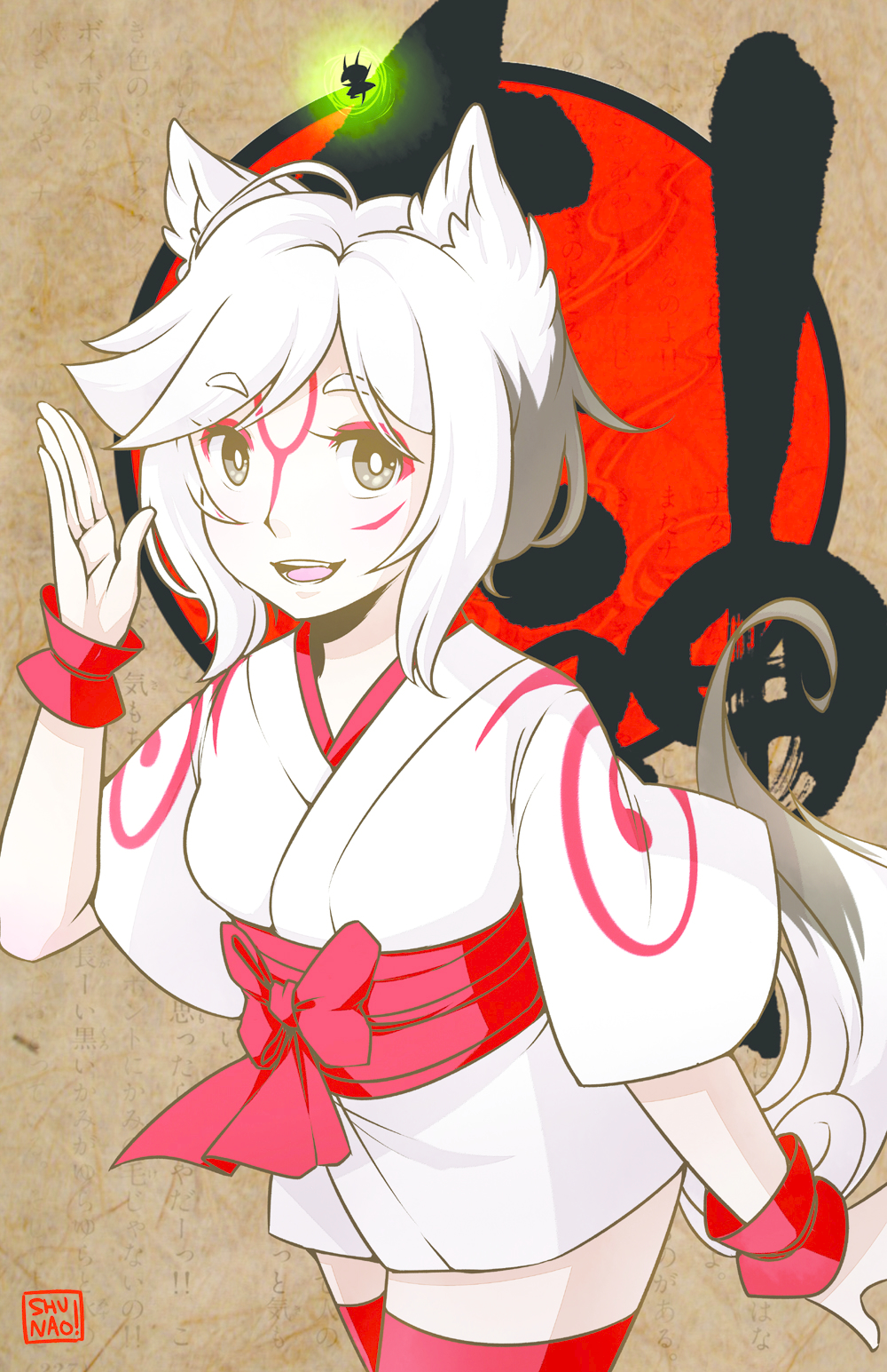 1girl amaterasu animal_ears facial_tattoo highres issun japanese_clothes kimono lyn_(shunao) ookami_(game) personification red_legwear short_hair smile tail tattoo thigh-highs waving white_hair wolf_ears wolf_tail wrist_cuffs yukata