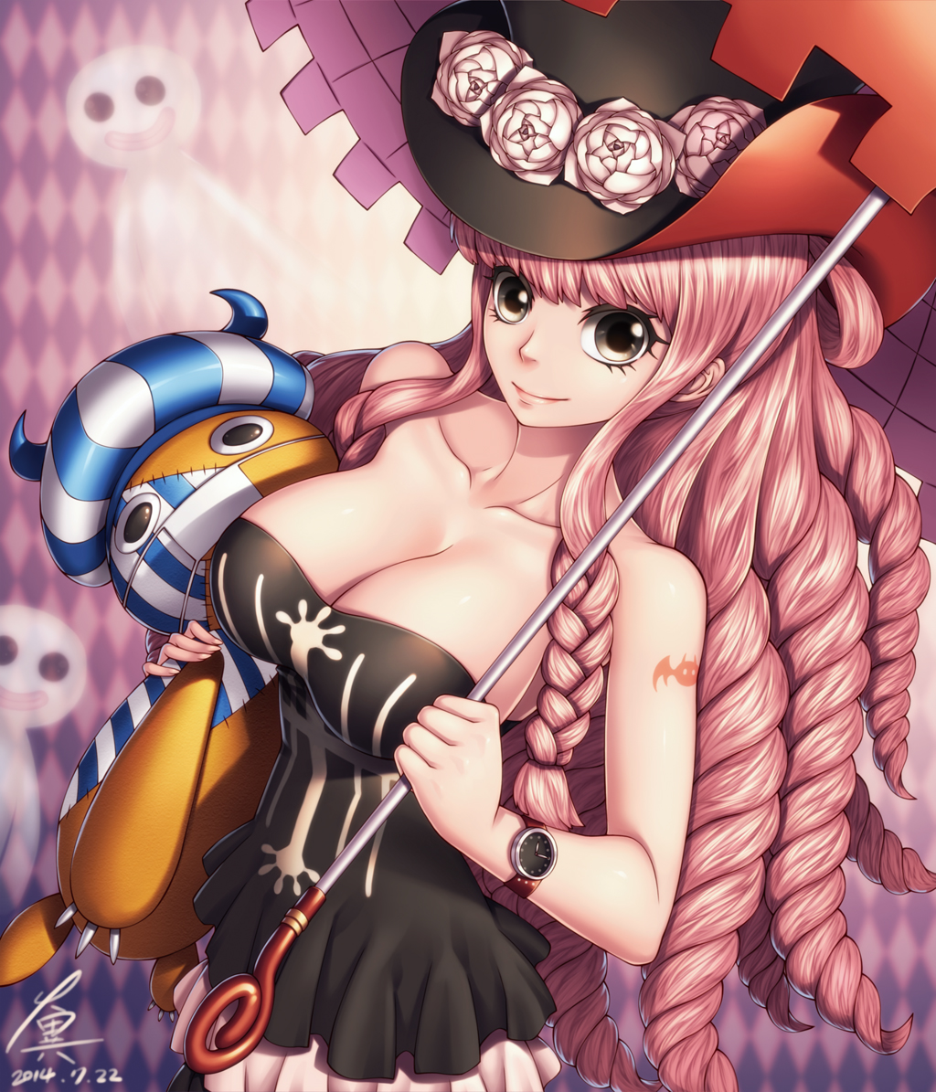 1girl 2014 bare_shoulders breasts cleavage collarbone cowboy_shot dated drill_hair ghost grey_eyes hat kumacy long_hair one_piece perona pink_hair smile solo stitches stuffed_toy tattoo umbrella watch watch zerg309