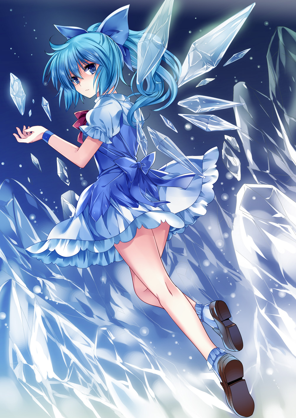 1girl blue_background blue_eyes blue_hair bobby_socks bow cirno dress from_behind full_body hair_bow highres ice ice_wings looking_at_viewer looking_back moca_(pico1987) neck_ribbon puffy_short_sleeves puffy_sleeves ribbon shoes short_hair short_sleeves socks solo touhou wings wristband