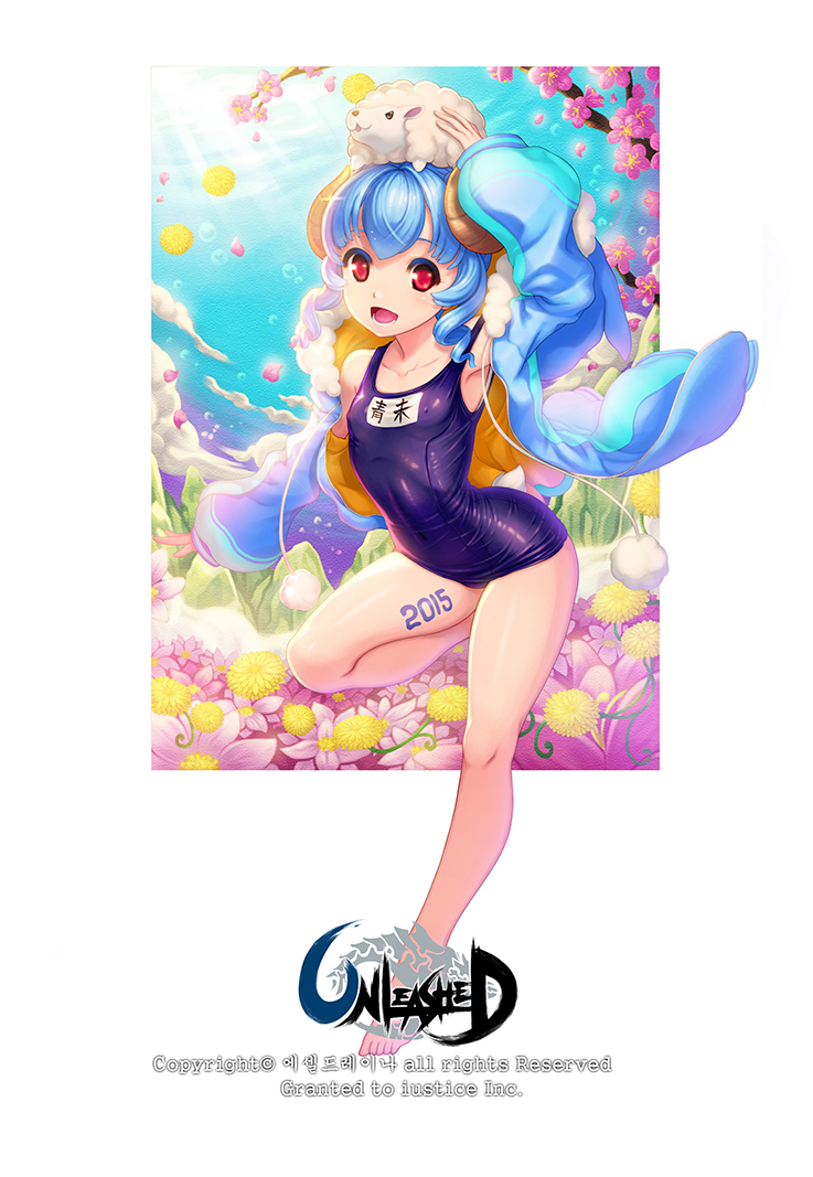 1girl 2015 blue_hair ecell looking_at_viewer red_eyes school_swimsuit sheep solo swimsuit unleashed