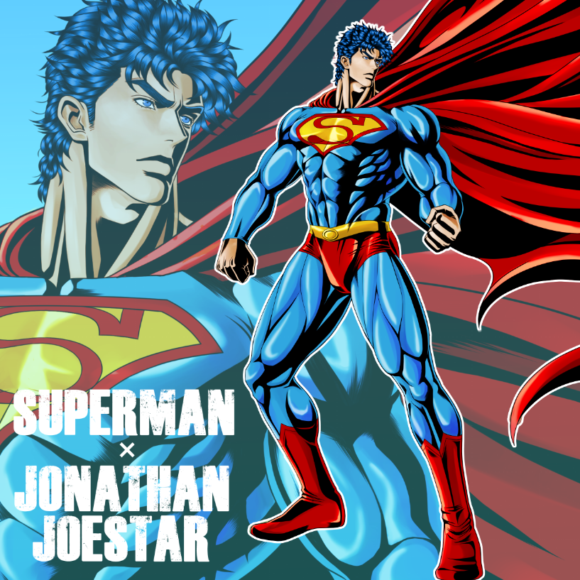 blue_hair cape costume dc_comics high_contrast jojo_no_kimyou_na_bouken jonathan_joestar parody spandex superhero superman superman_(cosplay) wahrheit zoom_layer