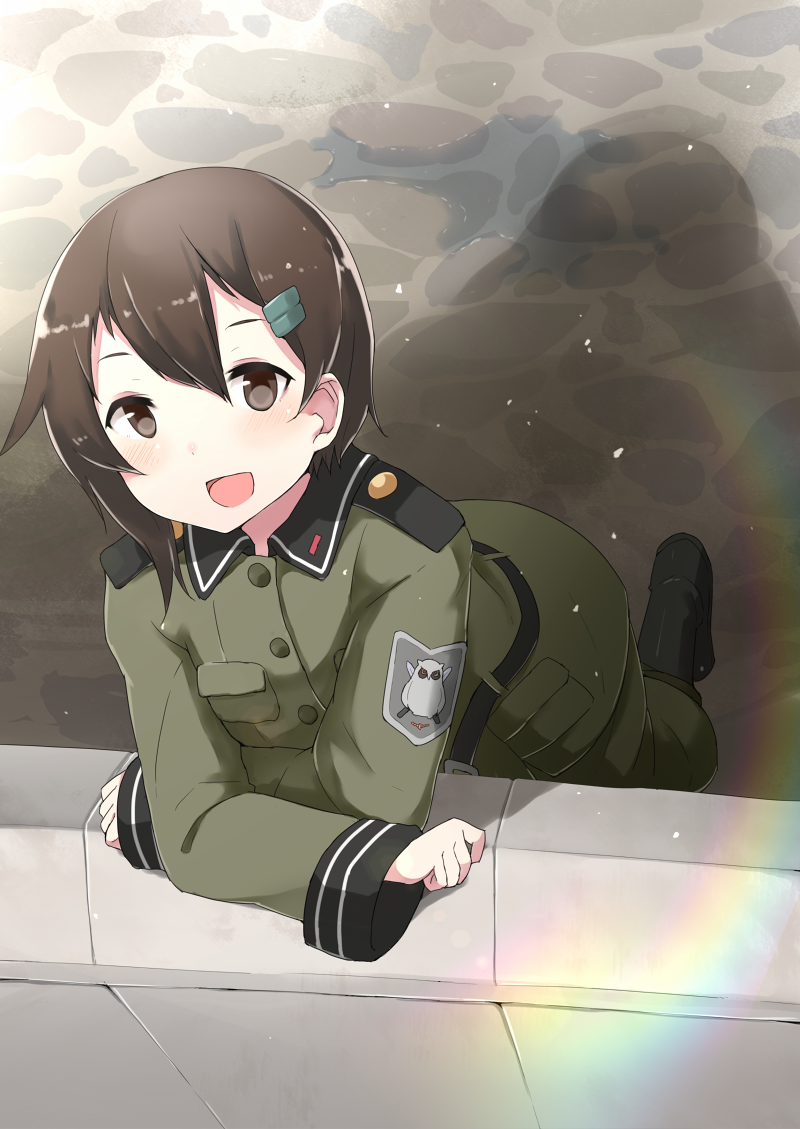 1girl blush brown_eyes brown_hair epaulettes from_above hair_ornament hairclip leaning lens lens_flare looking_at_viewer looking_up military military_uniform patch rainbow road shadow short_hair sketch solo sora_no_woto sorami_kanata street uniform wk_(low-f)