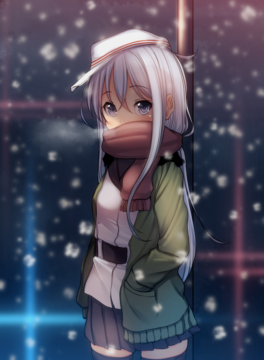 1girl blurry blush breath cowboy_shot depth_of_field grey_eyes hands_in_pockets hibiki_(kantai_collection) highres jacket jungle_gym kantai_collection kiyomin long_hair looking_at_viewer pleated_skirt scarf skirt snow solo thigh-highs verniy_(kantai_collection) very_long_hair white_hair zettai_ryouiki
