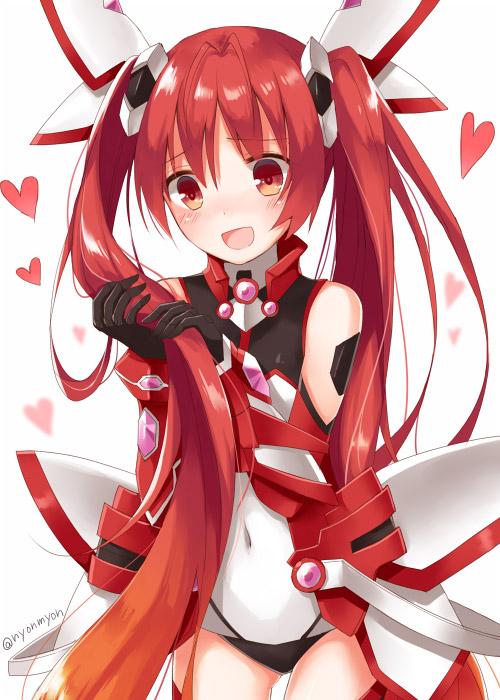 1girl antenna_hair bare_shoulders blush bodysuit covered_navel genderswap gloves gradient_hair hair_ornament heart long_hair multicolored_hair narcissism ore_twintail_ni_narimasu red_eyes redhead solo tail_red twintails twitter_username very_long_hair yon_(letter)