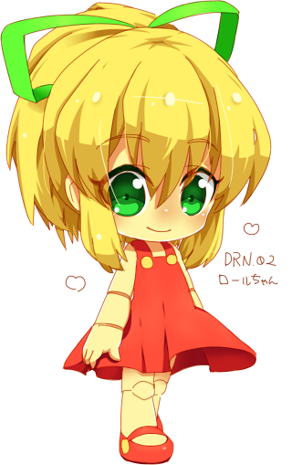 1girl chibi doll_joints dress green_eyes hair_ribbon kisetsufuu looking_at_viewer mary_janes no_socks payot ponytail red_dress ribbon rockman rockman_(classic) roll shoes solo translated