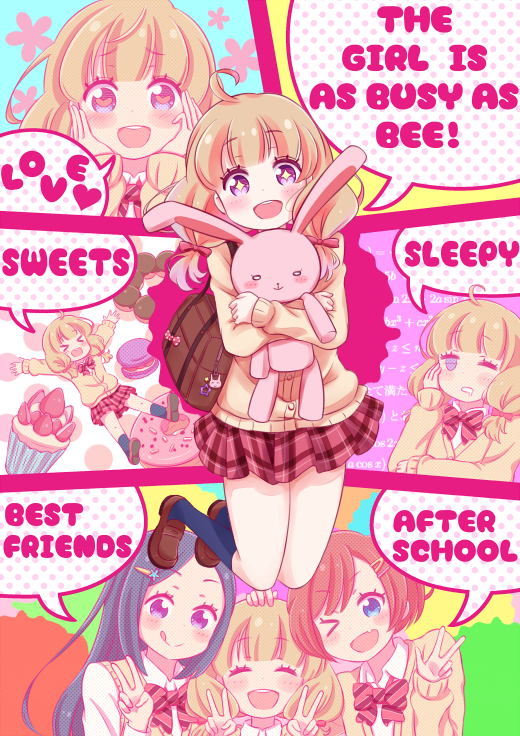&gt;_&lt; 3girls :d :q ;d ahoge bangs blazer blue_legwear blush bow brown_shoes check_(check_book) closed_eyes cupcake double_v doughnut english engrish food fruit hair_bow hand_on_another's_head hands_on_own_cheeks hands_on_own_face heart heart-shaped_pupils hug jumping kneehighs licking_lips light_brown_hair macaron math multiple_girls one_eye_closed open_mouth original plaid plaid_skirt polka_dot polka_dot_background pon_de_ring ranguage saliva skirt smile sparkle_eyes speech_bubble sprinkles strawberry stuffed_animal stuffed_bunny stuffed_toy sweets symbol-shaped_pupils tongue tongue_out twintails v violet_eyes xd