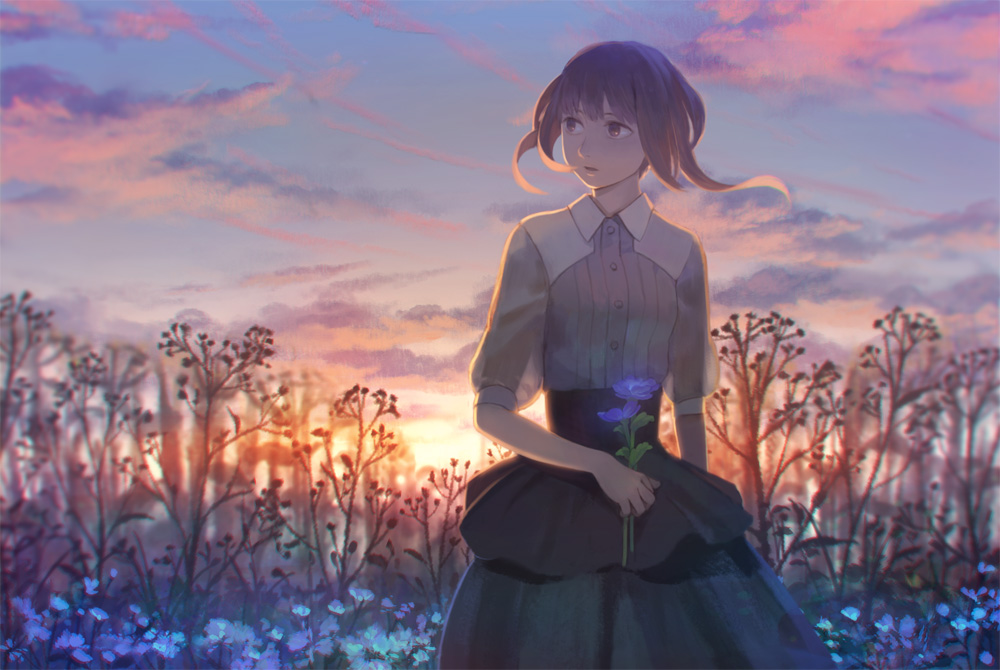 1girl brown_eyes brown_hair clouds field flower hiko_(scape) looking_away original skirt sky solo sunset wind