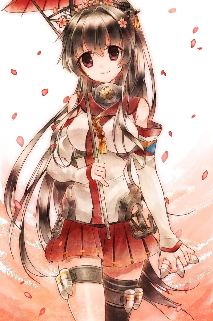 1girl bare_shoulders brown_hair detached_sleeves flower hair_flower hair_ornament headgear kantai_collection long_hair looking_at_viewer momoiro pleated_skirt ponytail red_eyes red_skirt single_thighhigh skirt solo thigh-highs torpedo umbrella yamato_(kantai_collection)