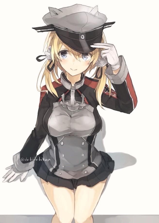 1girl animal_ears blonde_hair blue_eyes blush breasts cat_ears chibirisu gloves hand_on_headwear hat kantai_collection kemonomimi_mode looking_at_viewer low_twintails microskirt peaked_cap prinz_eugen_(kantai_collection) shadow sitting skirt smile solo twintails twitter_username white_gloves