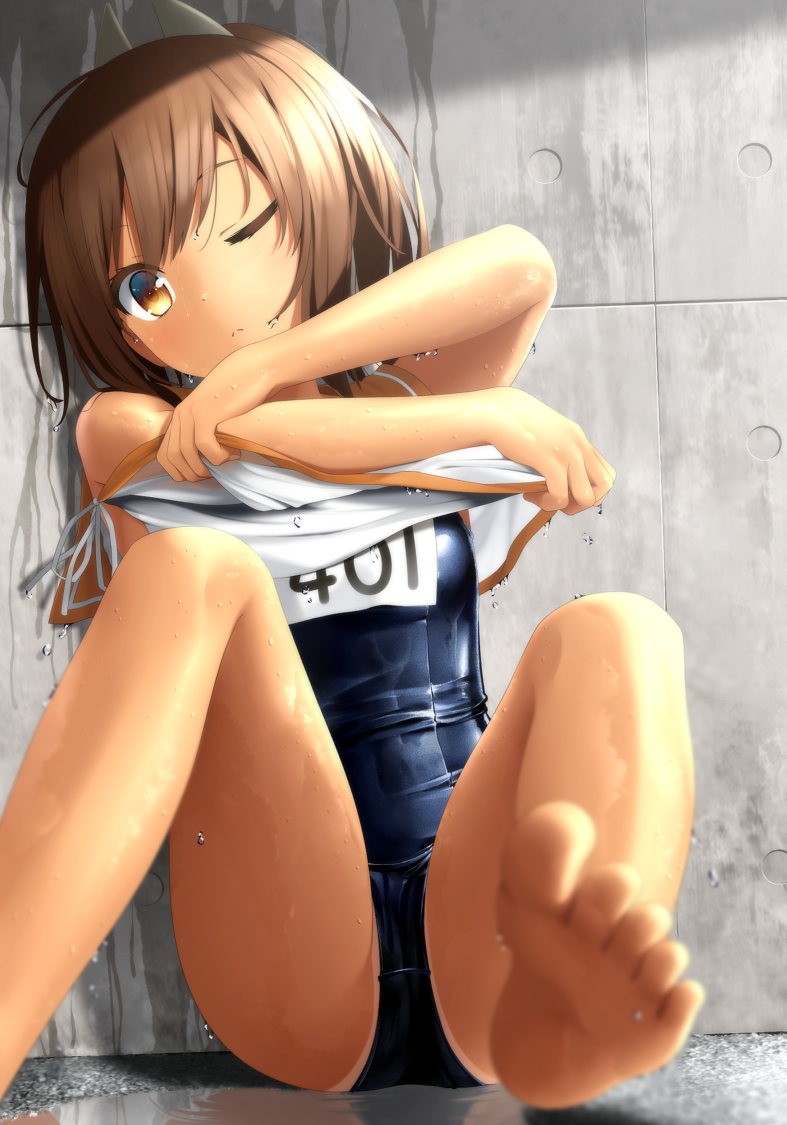 1girl bare_shoulders barefoot blush brown_eyes brown_hair feet haribote_(tarao) i-401_(kantai_collection) kantai_collection looking_at_viewer name_tag one-piece_swimsuit one_eye_closed ponytail sailor_collar school_swimsuit school_uniform short_hair short_ponytail sitting soles solo swimsuit swimsuit_under_clothes tan tanline undressing wet